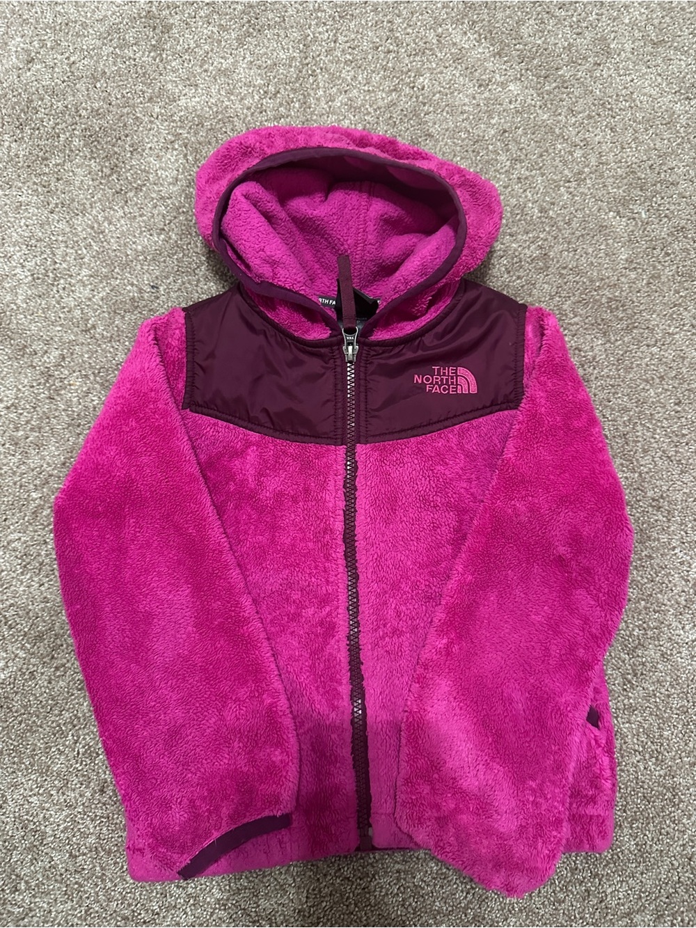 The North Face Girls' Hooded Fleece Jacket - Hot Pink with Dark Magenta Yoke